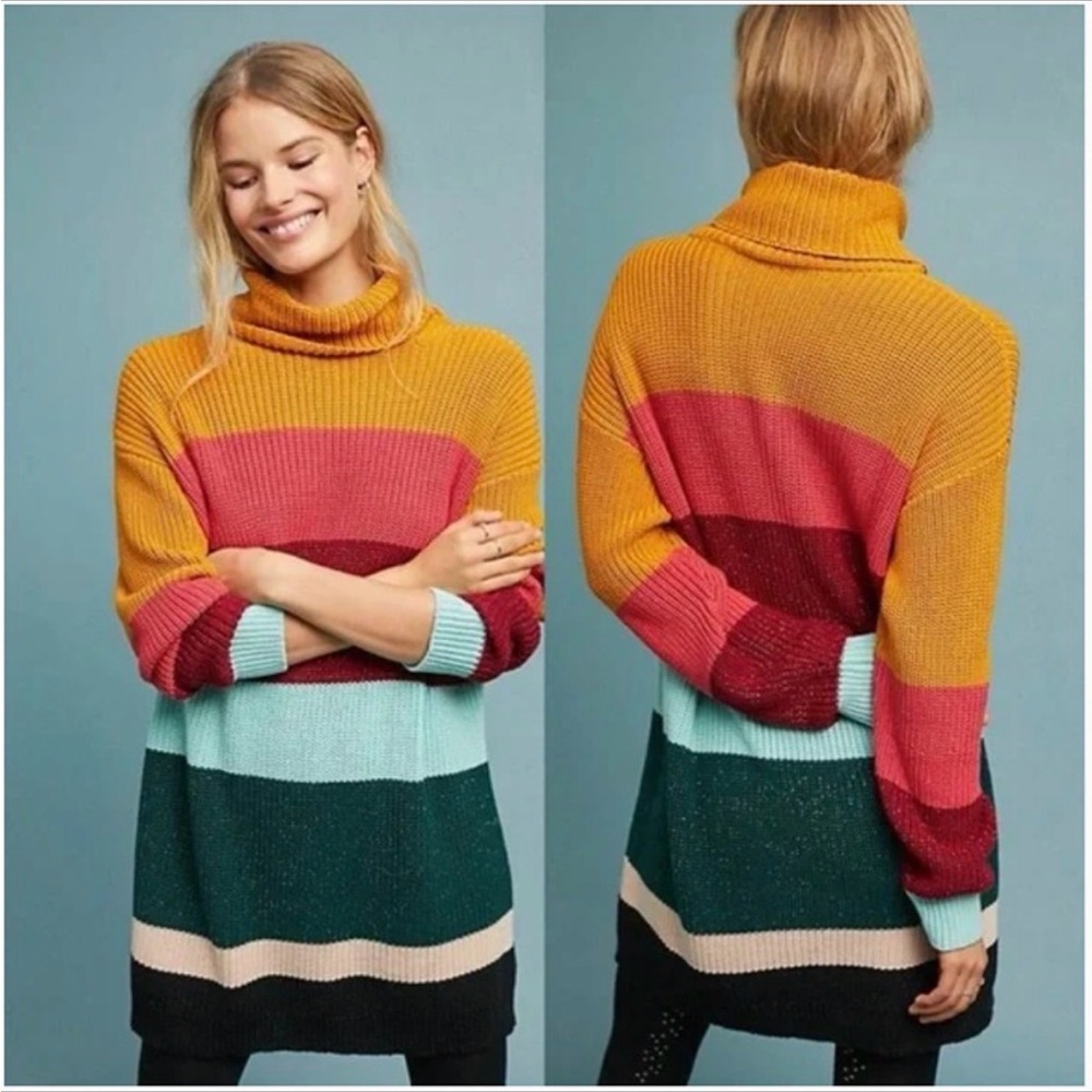 Farm Rio for Anthropologie Boldly Striped Metallic Turtleneck Sweater Dress